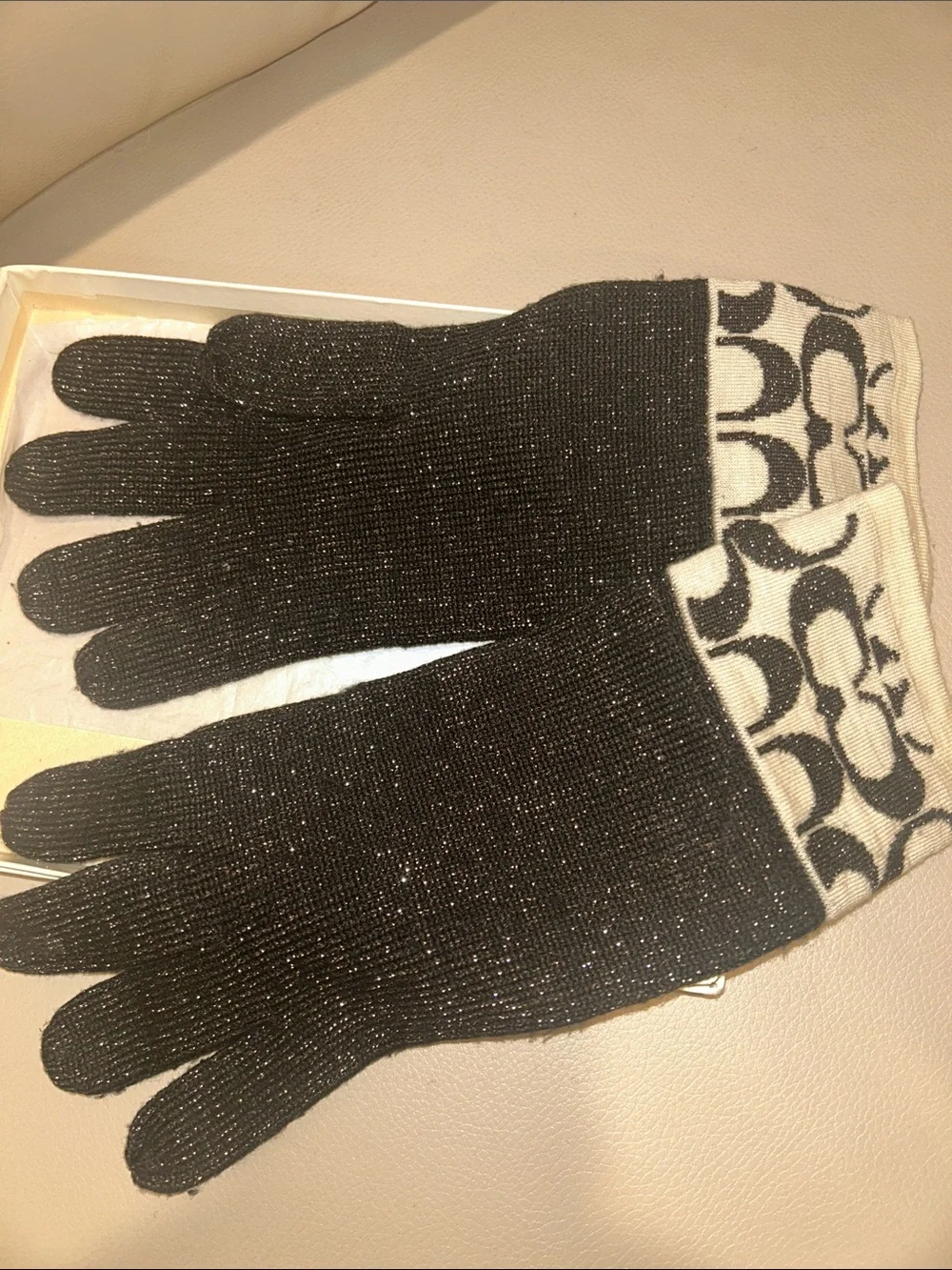 Coach Black Lurex Knit Gloves with Signature Pattern Cuffs - Picture 3 of 11